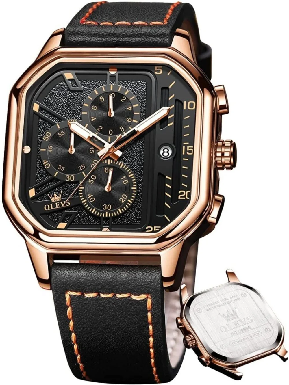 Men's Black Quartz Leather Strap Waterproof Casual Square Dial Date Wrist Watch